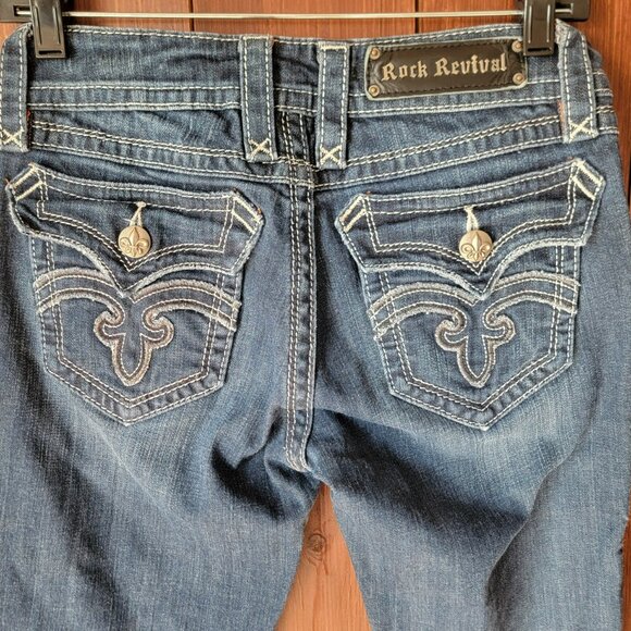 Rock Revival Women Deborah Boot Cut Jean 27 Med/Dark Wash Silver Metallic Stitch - Picture 9 of 15